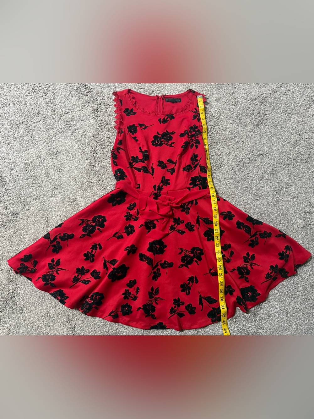 City Studio Red Mini Dress with Black Floral Flocked Pattern
